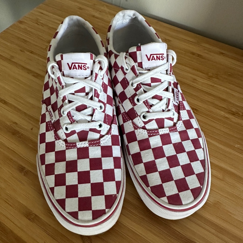 Maroon/White checkered Vans